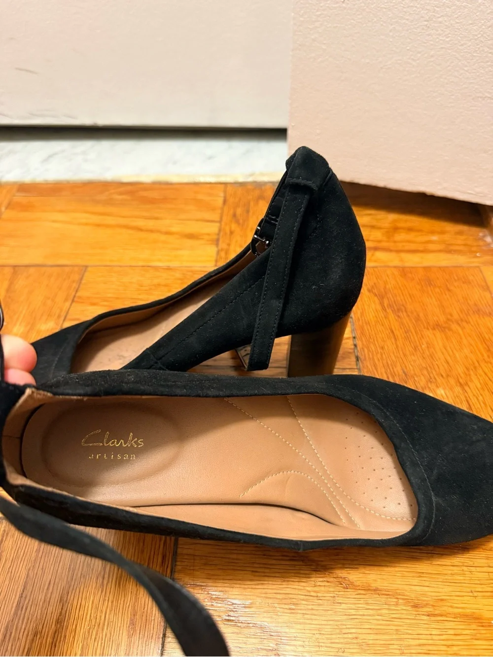 Clarks Black Suede Block Heel Pumps